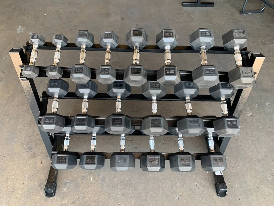 Rubber Hex Dumbbell Set 5-50 LB with Rack | 10 Pairs, 550 lbs, Free Shipping
