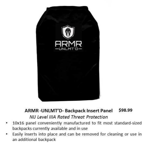 Bulletproof Backpack Insert Panel Shield Lightweight Body Armor Level IIIA