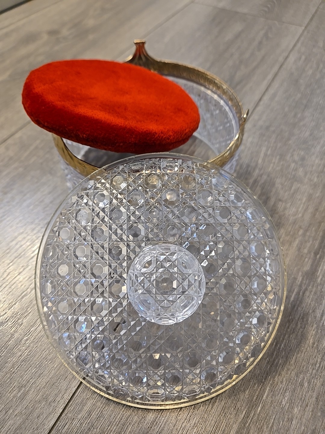 Vintage Avon Powder Box Hollywood Regency Cut Crystal Plastic w Red Puff Vanity