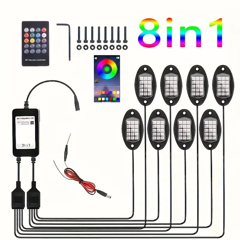 8Pods RGB LED Rock Lights Offroad Music Wireless Bluetooth Underglow Neon Lights