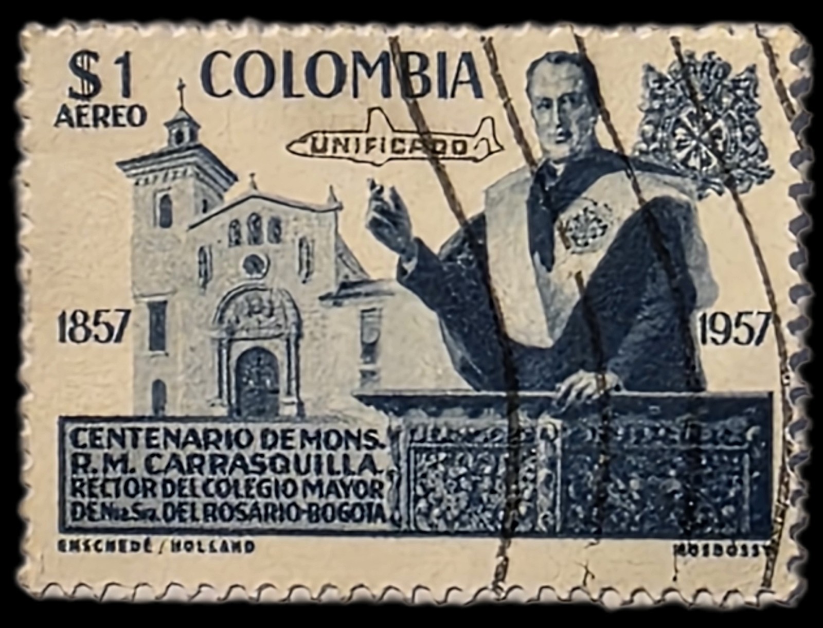 Colombia 1957, Msgr. Carrasquilla, 1 Peso Used Airmail Stamp, #C341, FREE SHIP!
