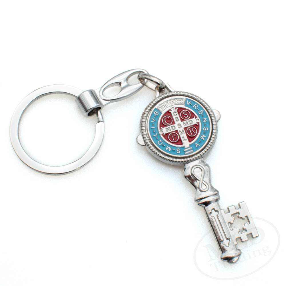 Saint St Benedict Key Shaped Medal Pendant Key Chain Silver & Blue - Religious