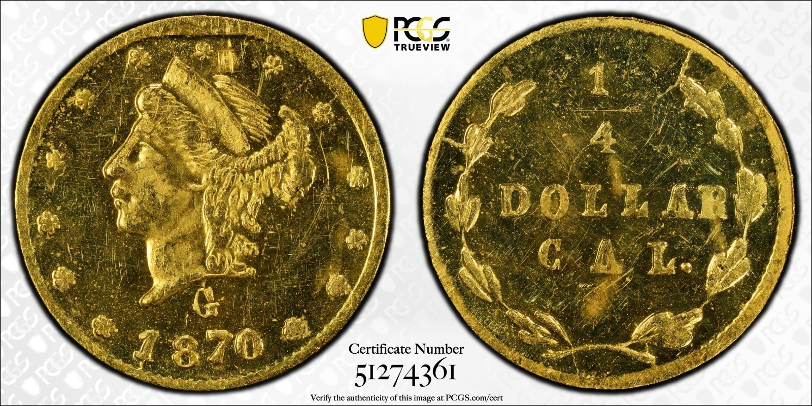 1870 California Fractional Gold PCGS MS63PL MS-63 Prooflike G25C BG-835