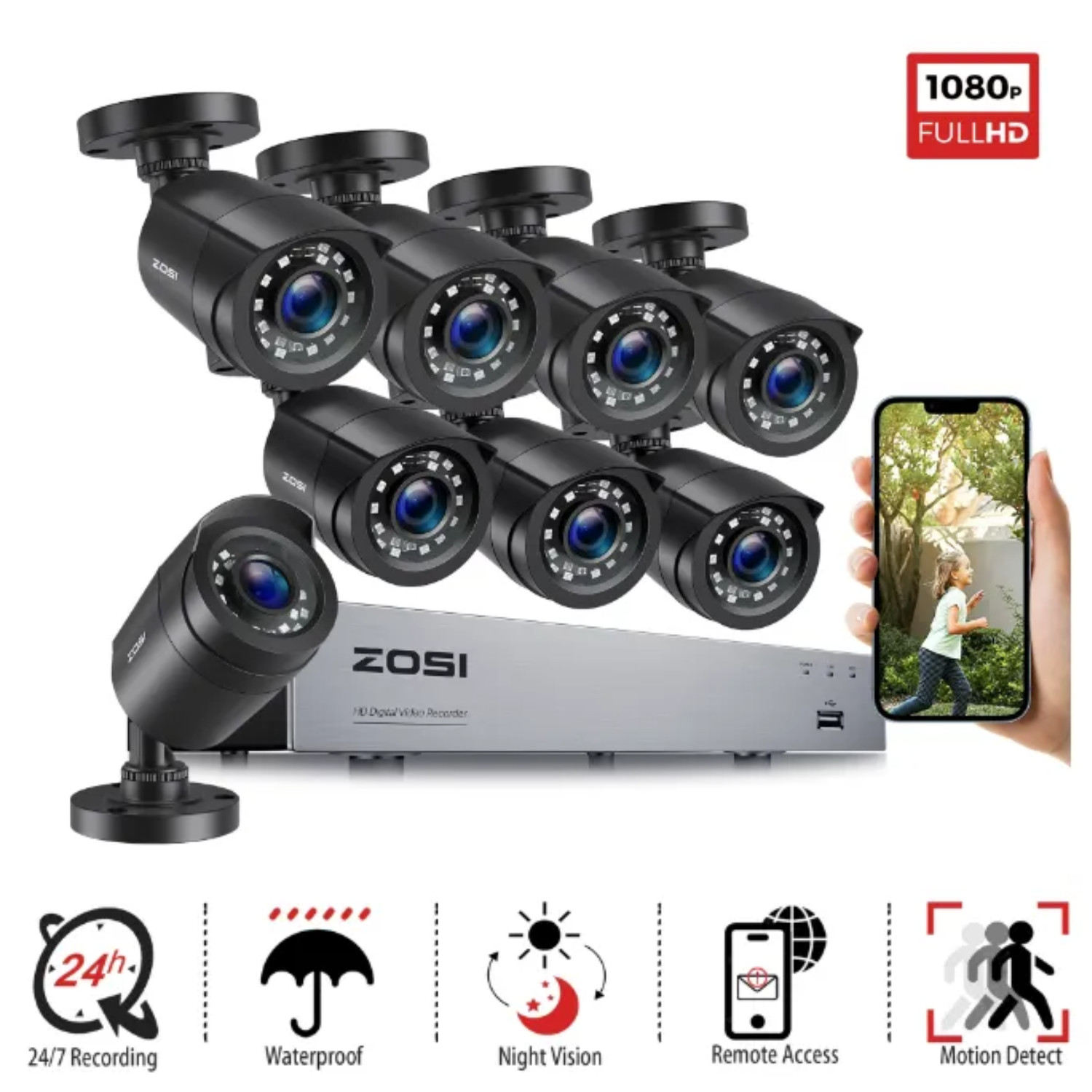 ZOSI 8CH 5MP Lite DVR 1080P Outdoor CCTV Security Camera System Kit Night Vision