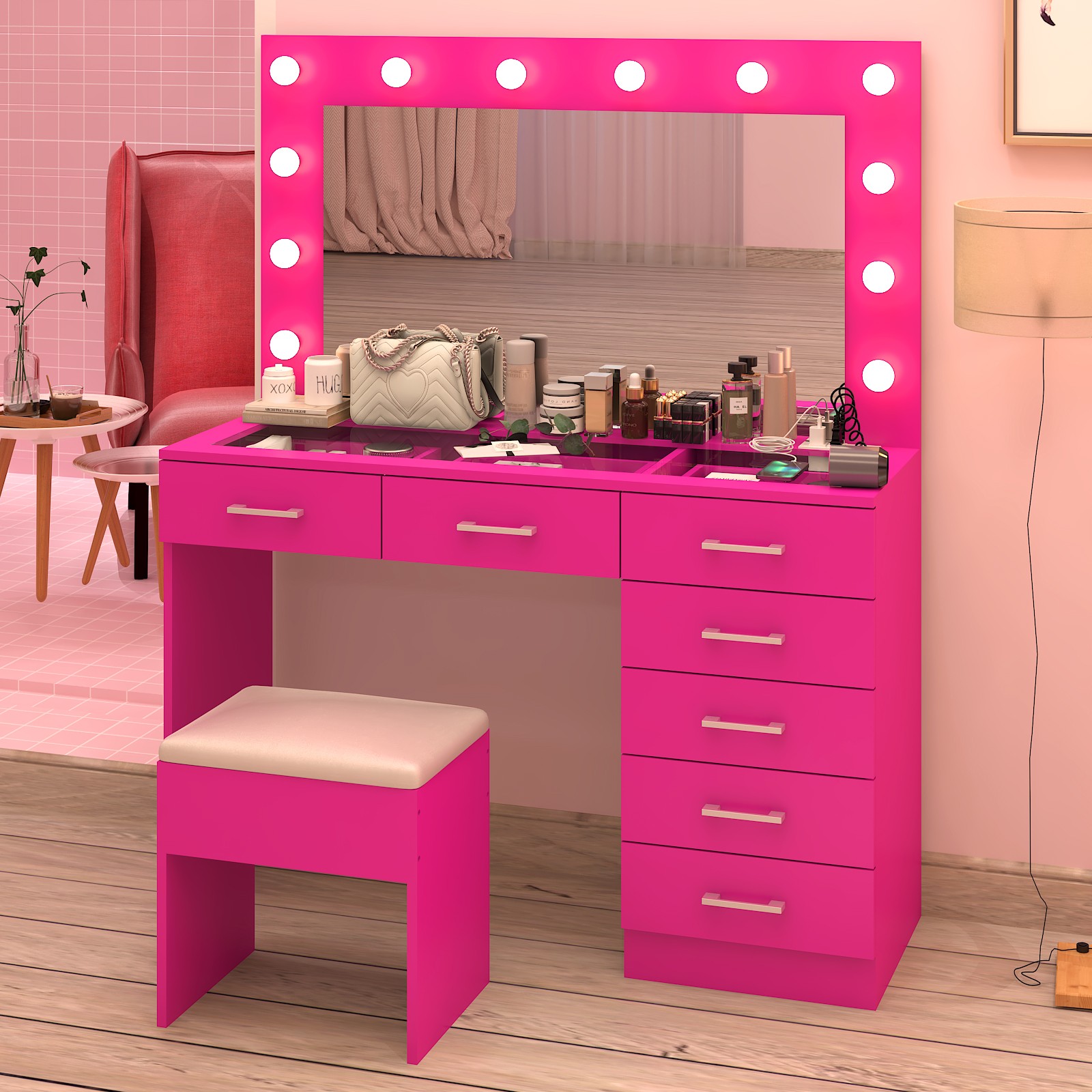 Large Vanity Set Makeup Desk Dressing Dresser Table 7 Drawer with 12 LED Lights