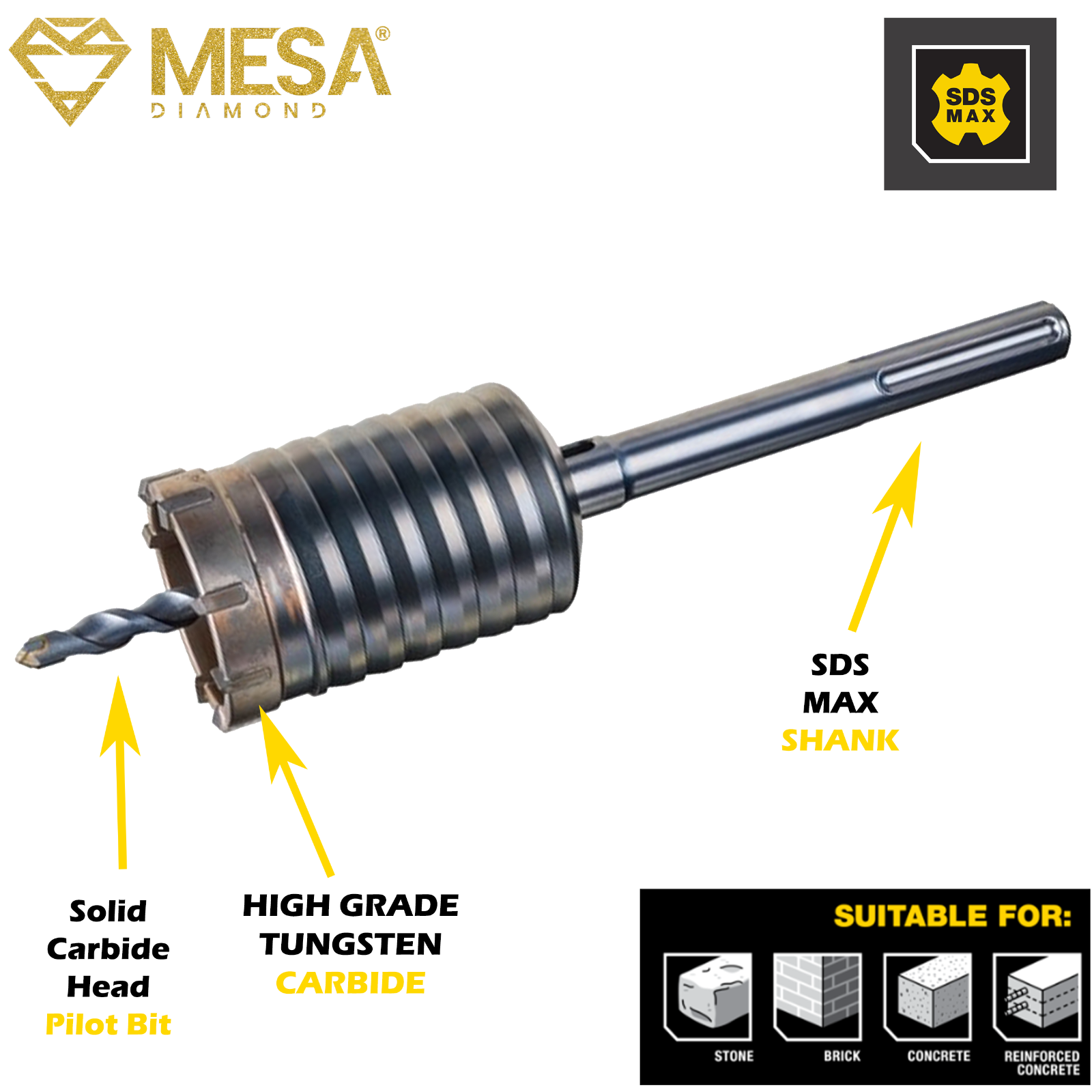 CARBIDE Tipped Rotary Hammer SDS PLUS or MAX Core Bit for Concrete MESA DIAMOND®