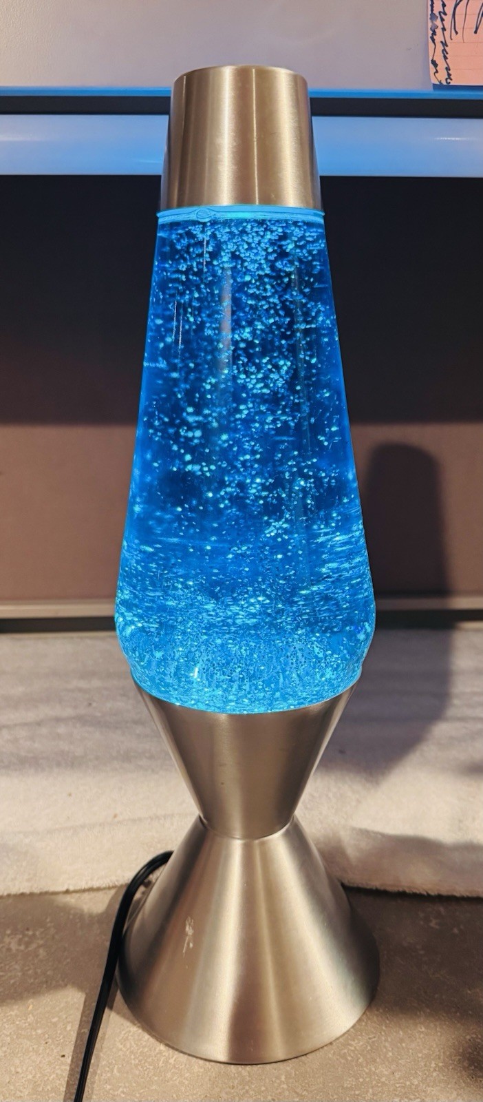 VINTAGE 16" Lava Lamp Solid Silver Base with Blue Liquid And Silver Glitter