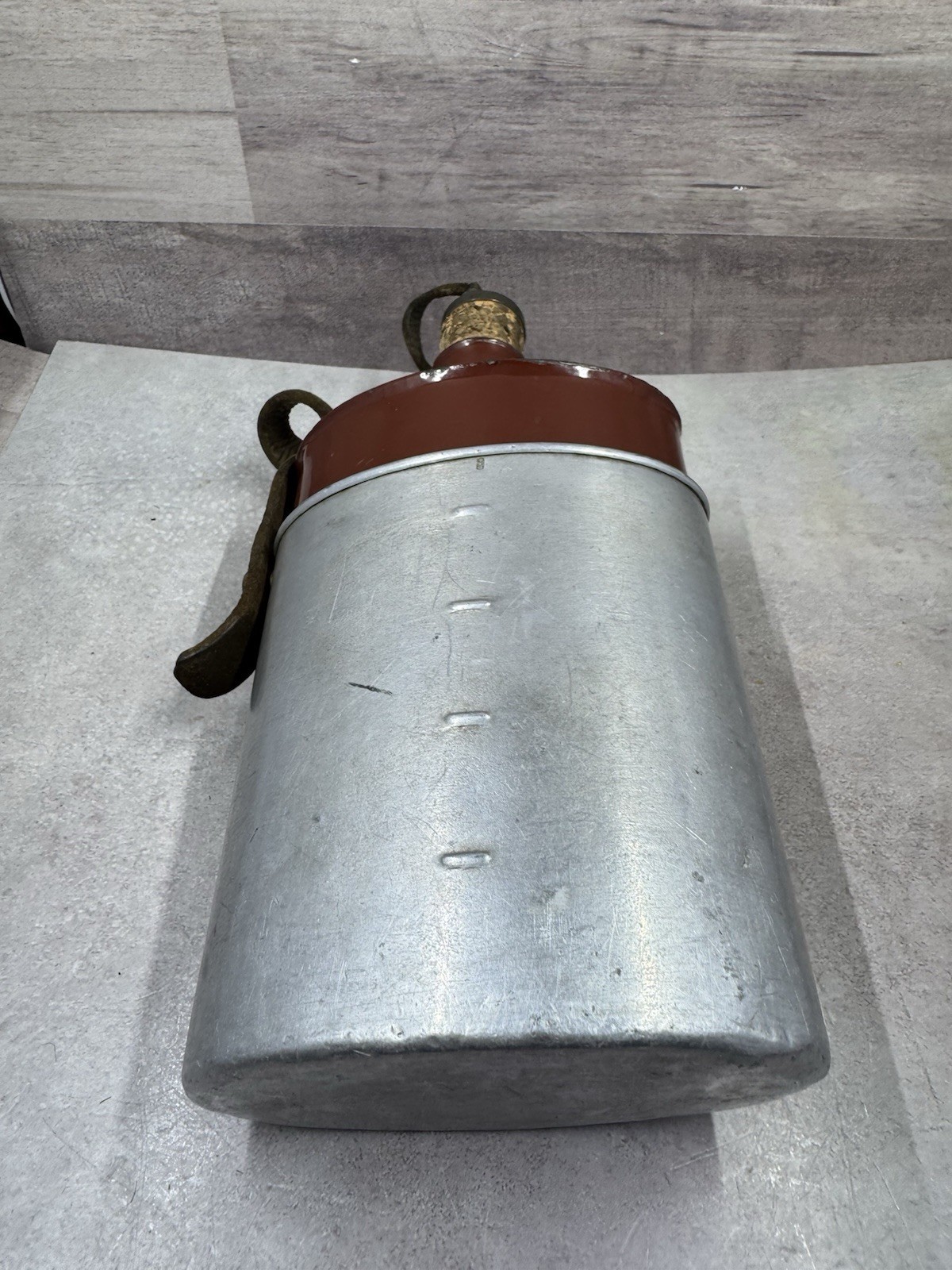 Vintage Swiss Army Canteen Enamel Water Bottle w/ Cork & Leather Strap 8.5”