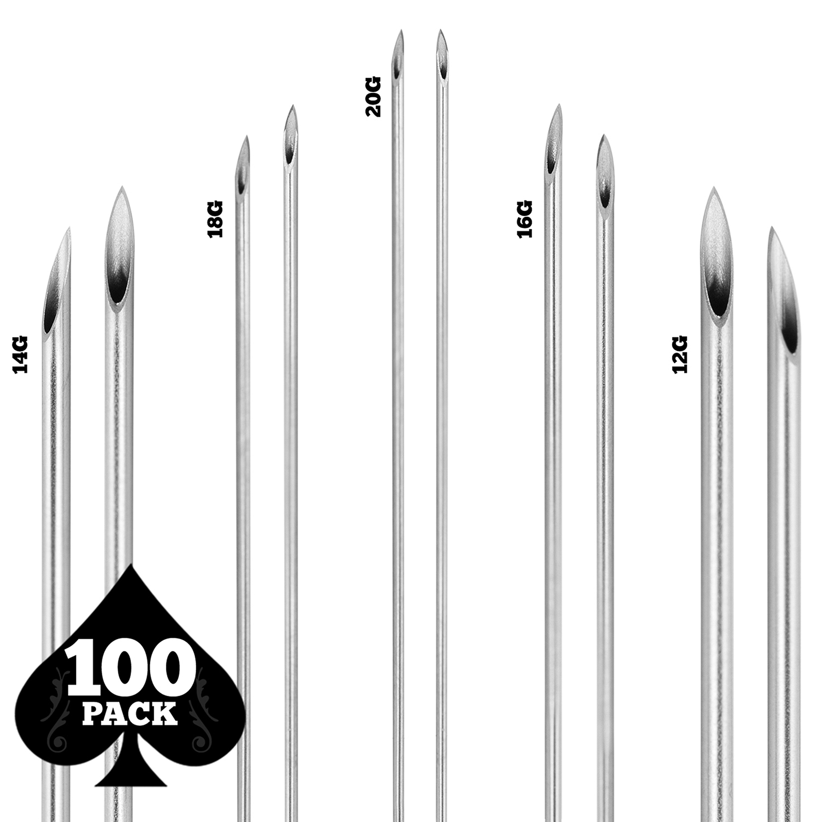 100 Mix Body Piercing Needle Sizes 12g, 14g, 16g, 18g and 20g (20 pcs each)