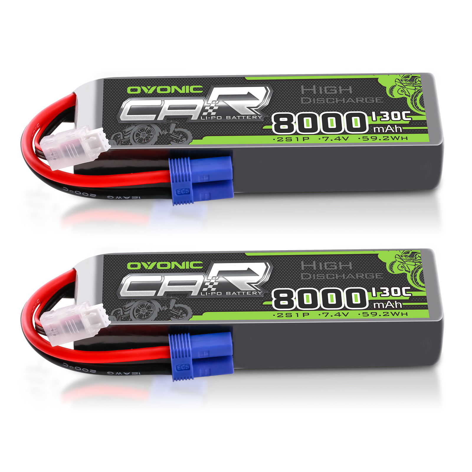 2X Ovonic 7.4V 130C 8000mAh 2S LiPo Battery with EC5 for RC Vehicle ARRMA Losi