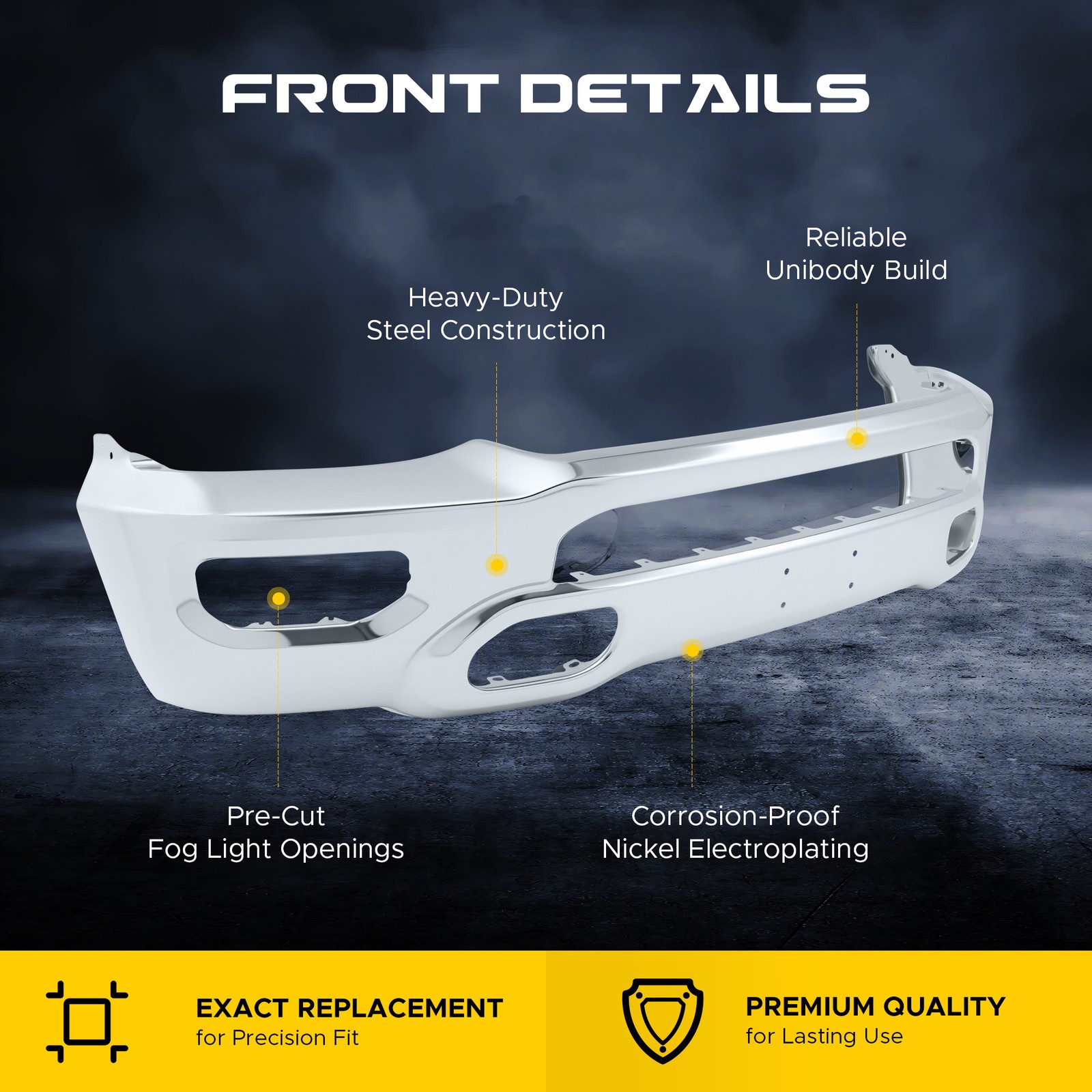 Chrome Front Bumper Face Bar Fits 2019-2024 Dodge Ram 1500 with Fog Light Holes