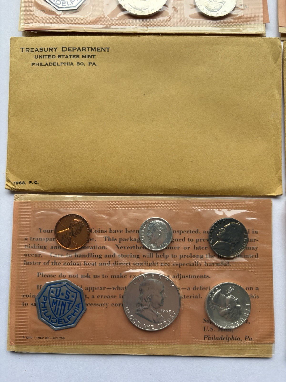 FRANKLIN HALF 1963 P U.S. MINT 90% SILVER PROOF SET 5 COINS & ENVELOPE & INSERT