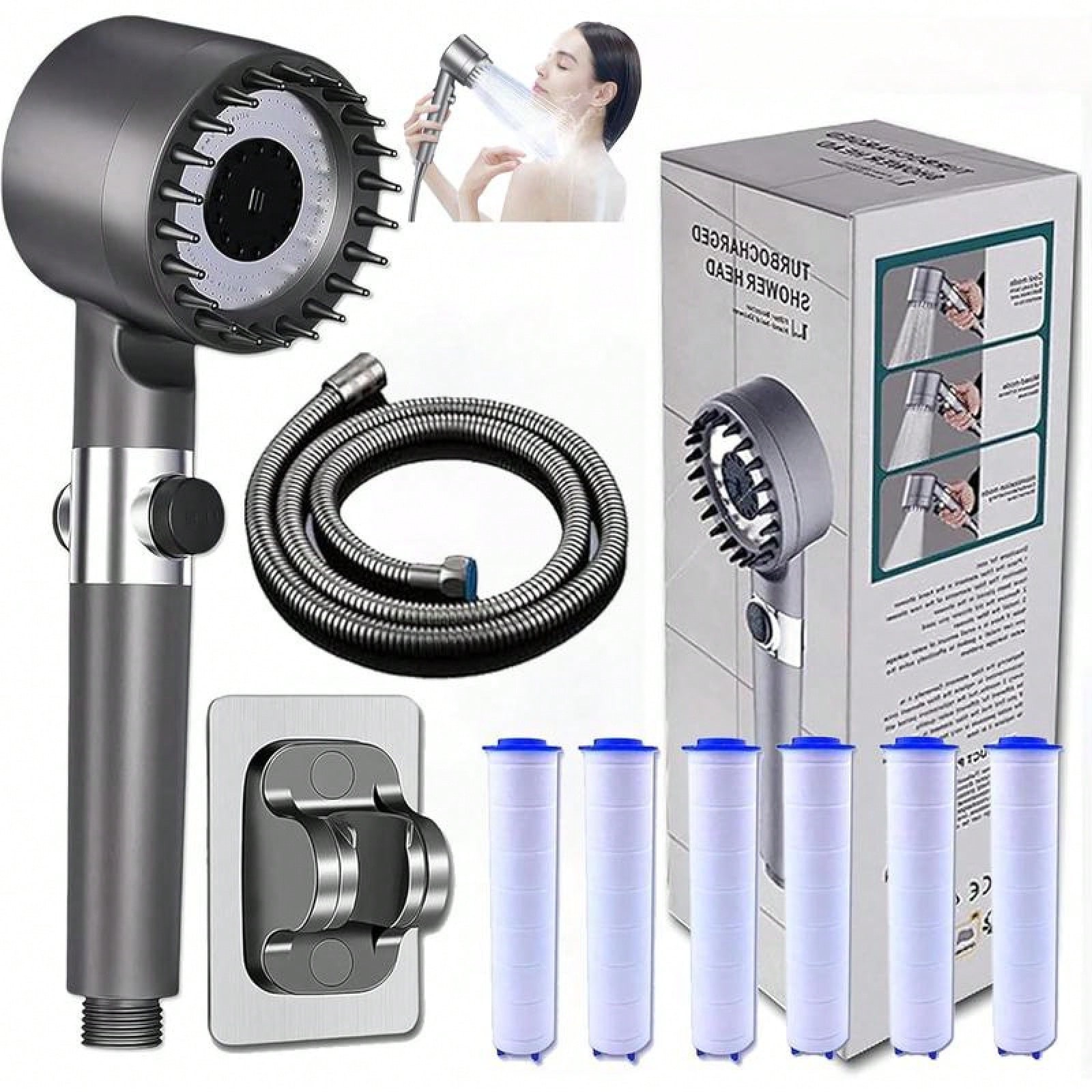 5-In-1 Handheld Shower Head, Pressure Boost, 6 Chlorine/Hard Water Filters