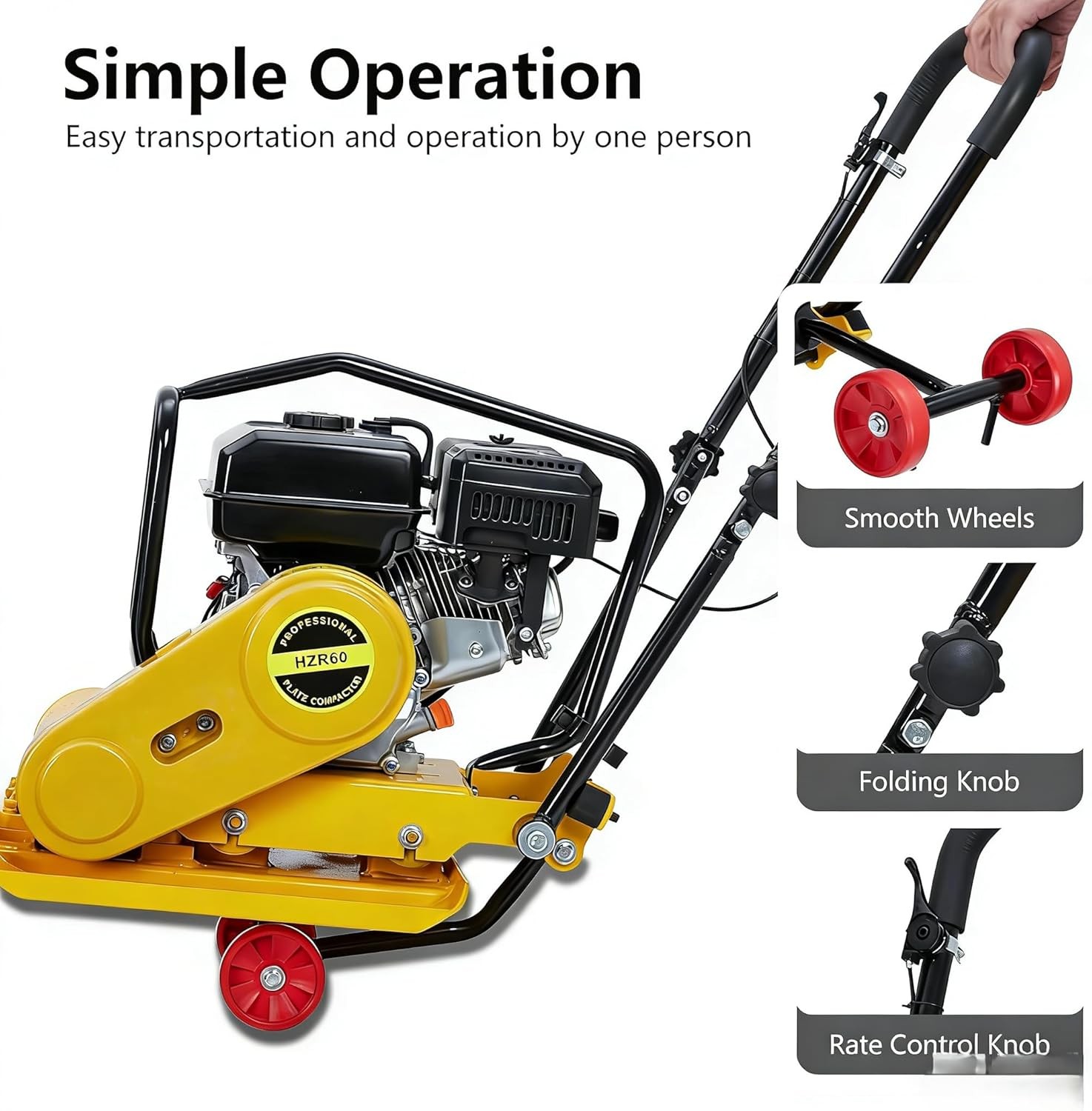 Plate Compactor 6.5HP,4,200Lbs Force, 5,600 VPM for Soil,Gravel,212CC Gas Engine