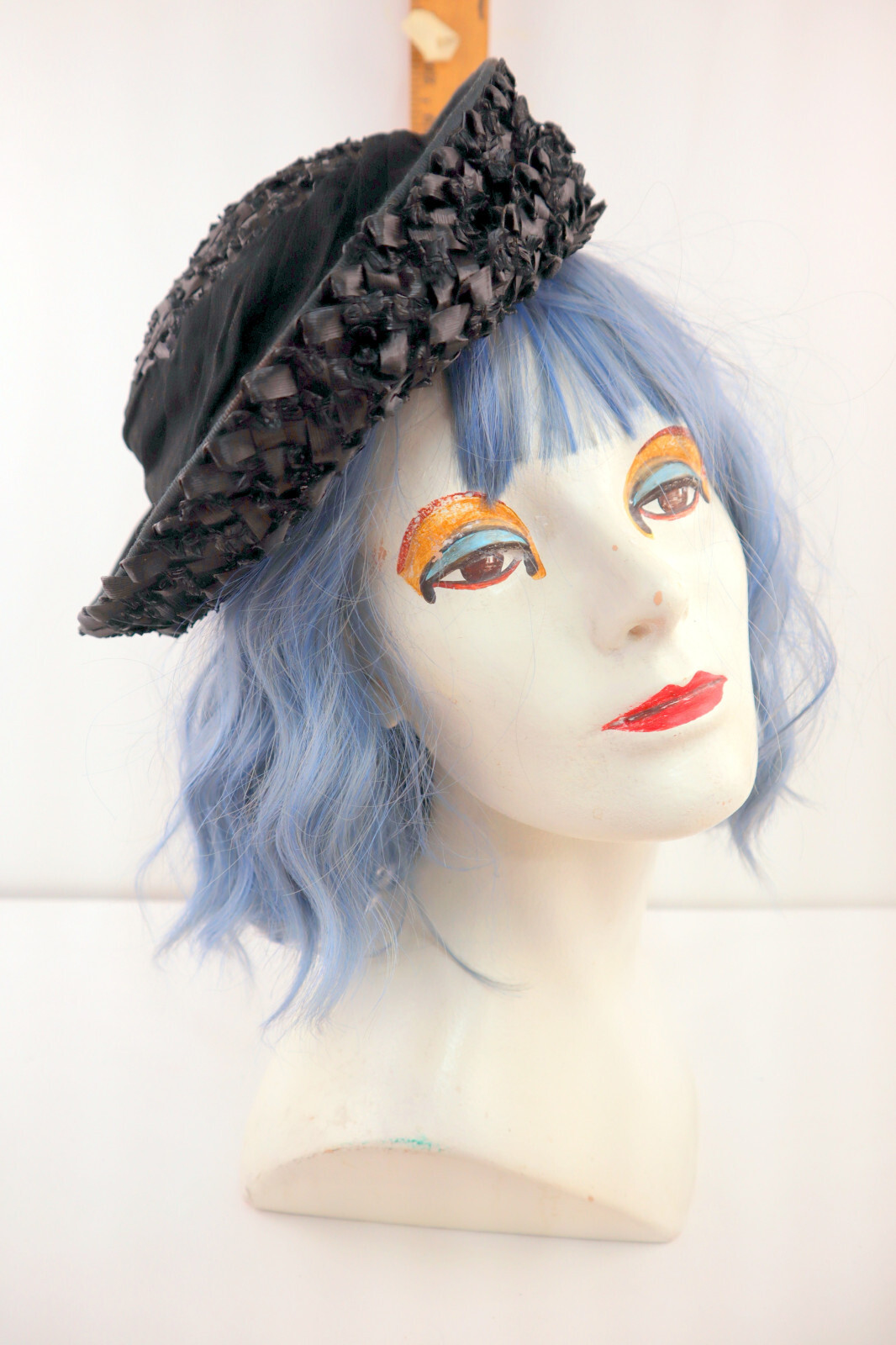 Vintage Clover Lane 1940s Woven Wide Brim Straw Hat w/Black Ribbon