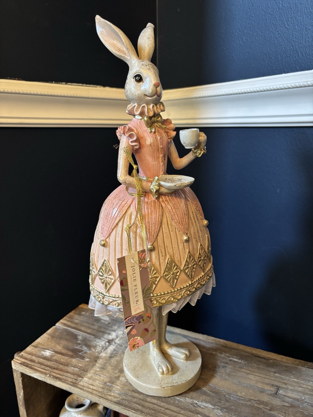 Jolie Fleur Easter Bunny Rabbit Figurine Pink Gold Dress Tea Party Decor NWT