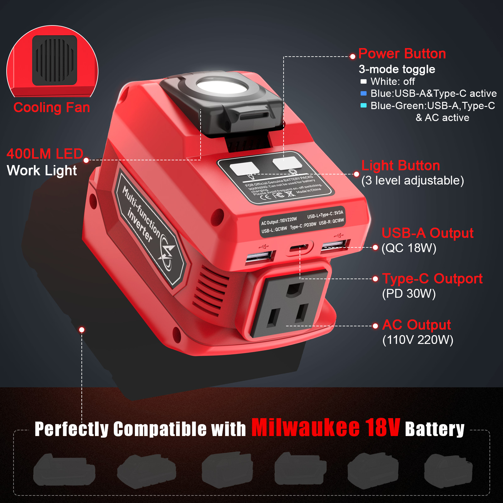 220W Power Inverter Compatible with Milwaukee 18V Battery - DC 18V to 110V AC