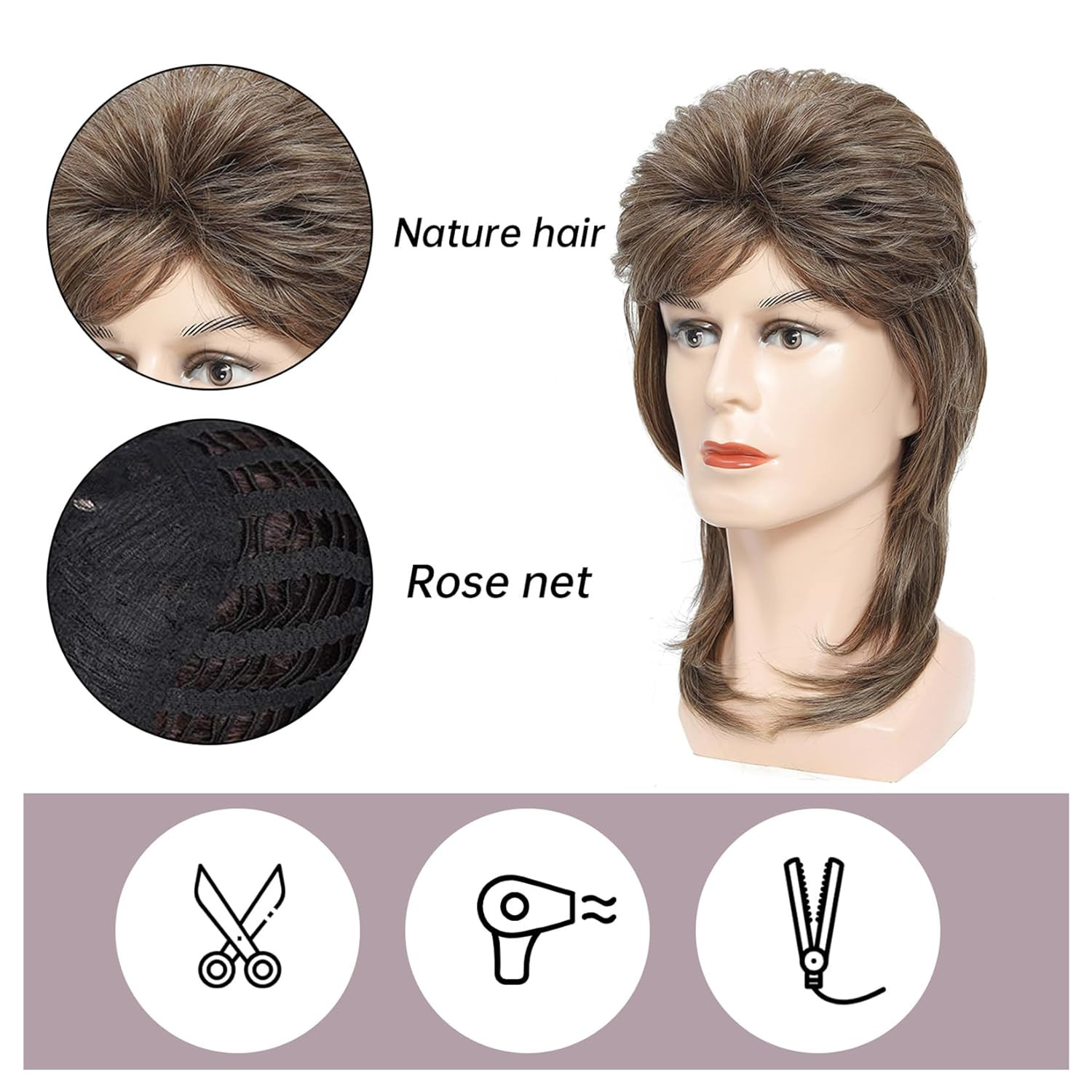 Mullet Wig for Men Joe Dirt Emo Wig 80s 90s Costumes Fancy Party Accessory Co...