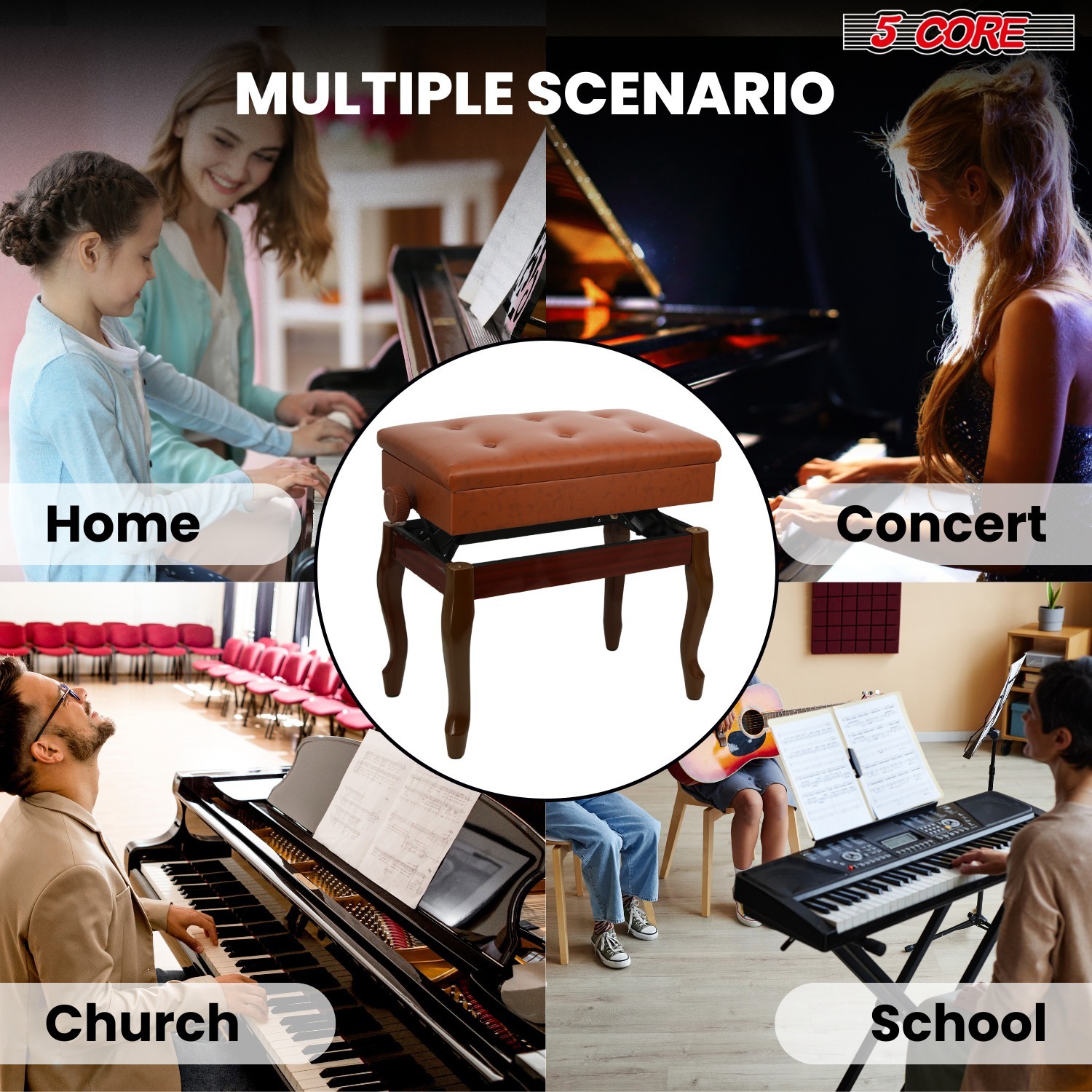 5 Core Piano Bench 3" Padded Cushioned Stool Wooden Heavy Duty Musician Chair