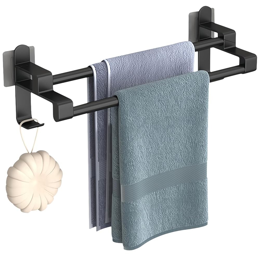 Double Towel Bar without Drilling Black, Towel Racks for Bathroom