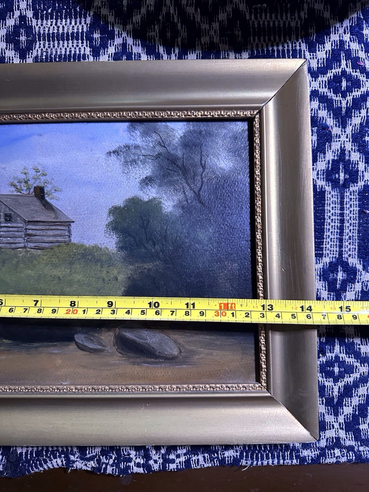 Antique American Folk Art Landscape Painting On Board Cabin In Woods