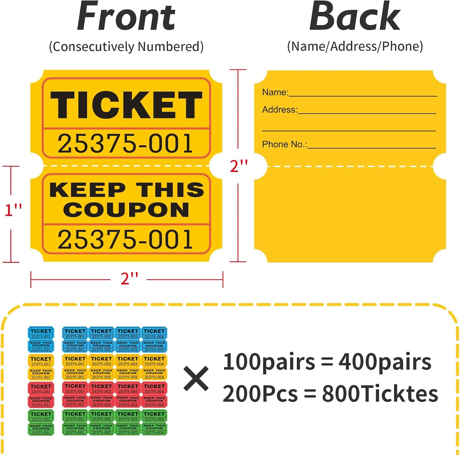 Raffle Tickets, 800 Pcs 400 Pairs,50/50 Double Ticket,Bold Numbers for Easy Read