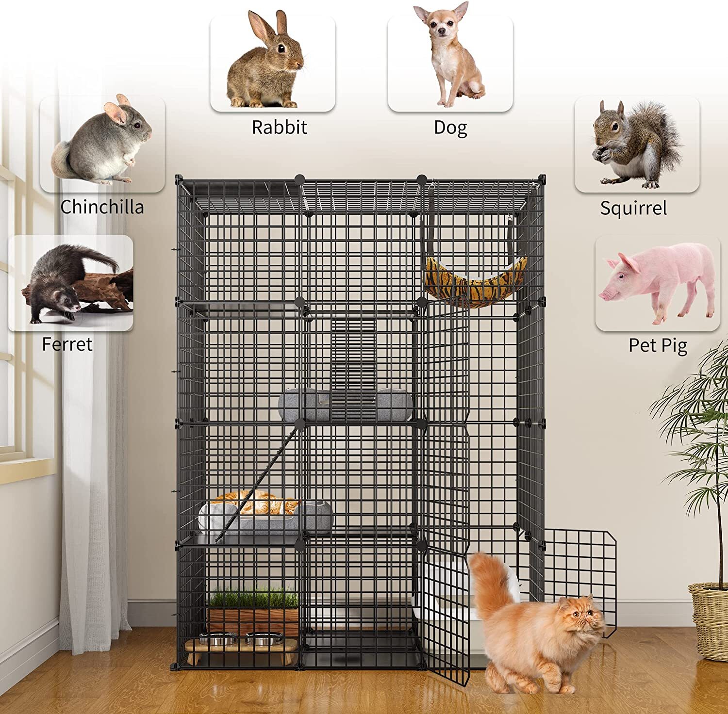 Large Cat Cage Enclosure Metal Wire 4-Tier Kennel DIY Playpen Catio with Hammock