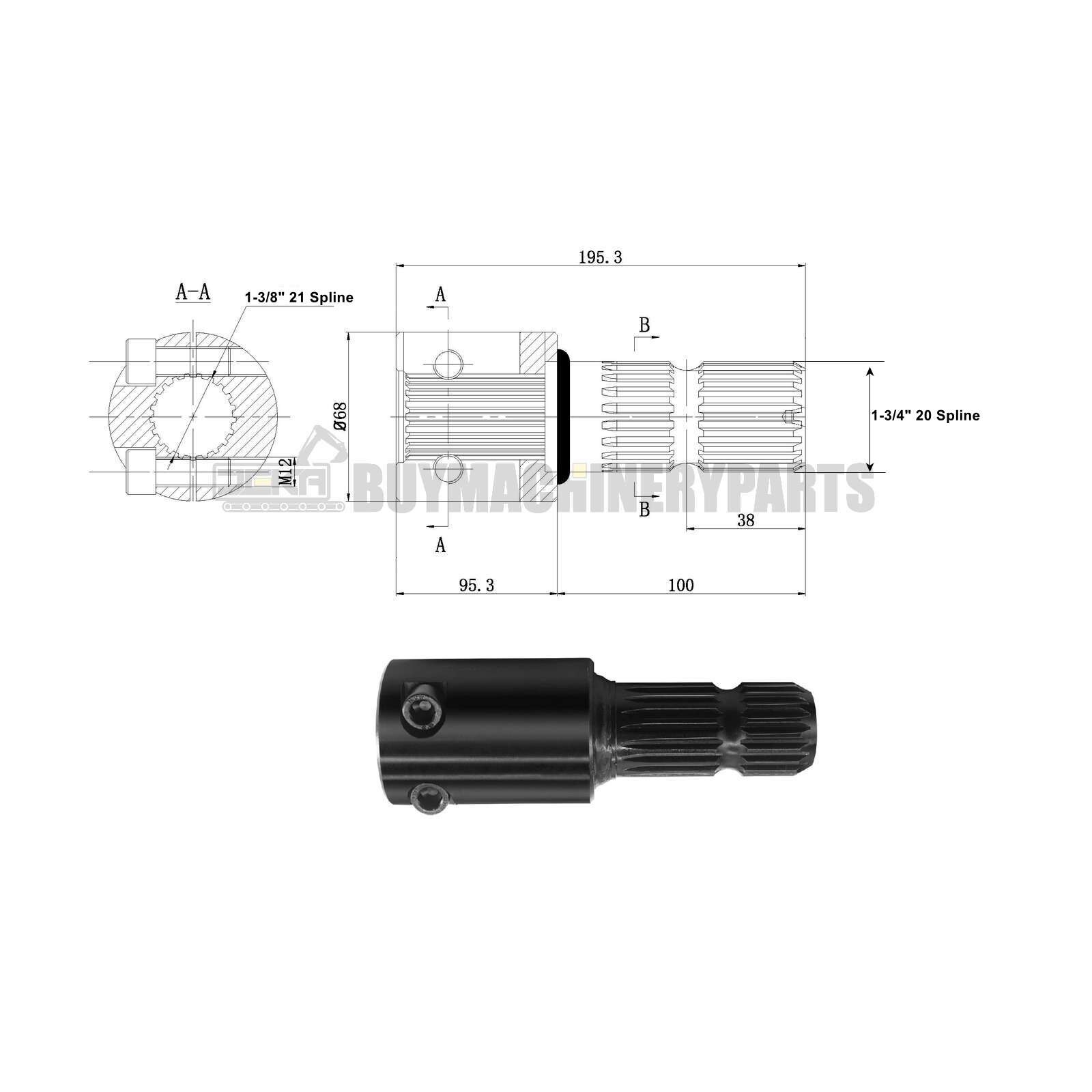 PTO Adapter 1-3/8" 21 Spline Female x 1-3/4" 20 Spline Male 125HP, Extends 4.5"