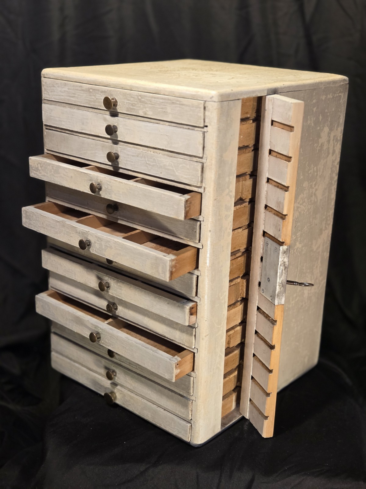 Antique Primitive Watchmaker Specimen Cabinet 13 Drawers Jewelry Parts Organizer