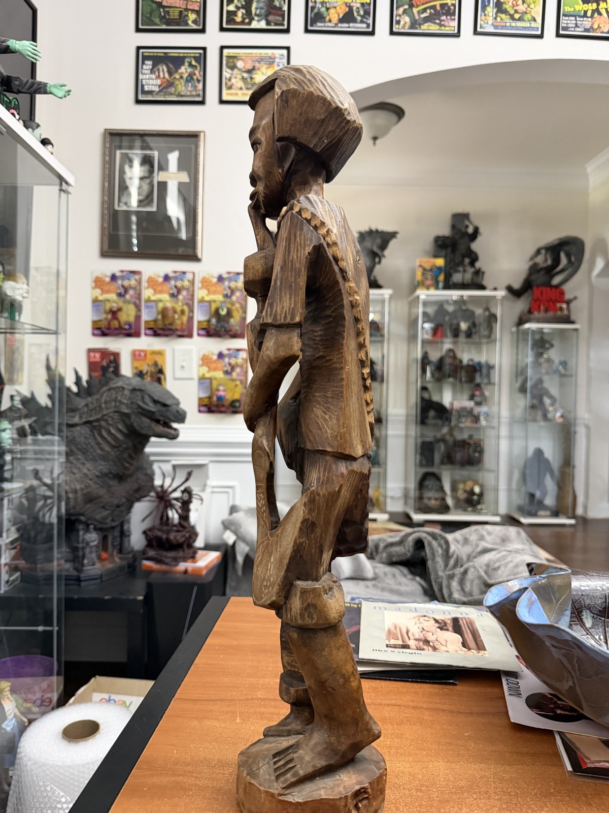 African Wood carved art Tribal 23 inch Man Smoking pipe healer