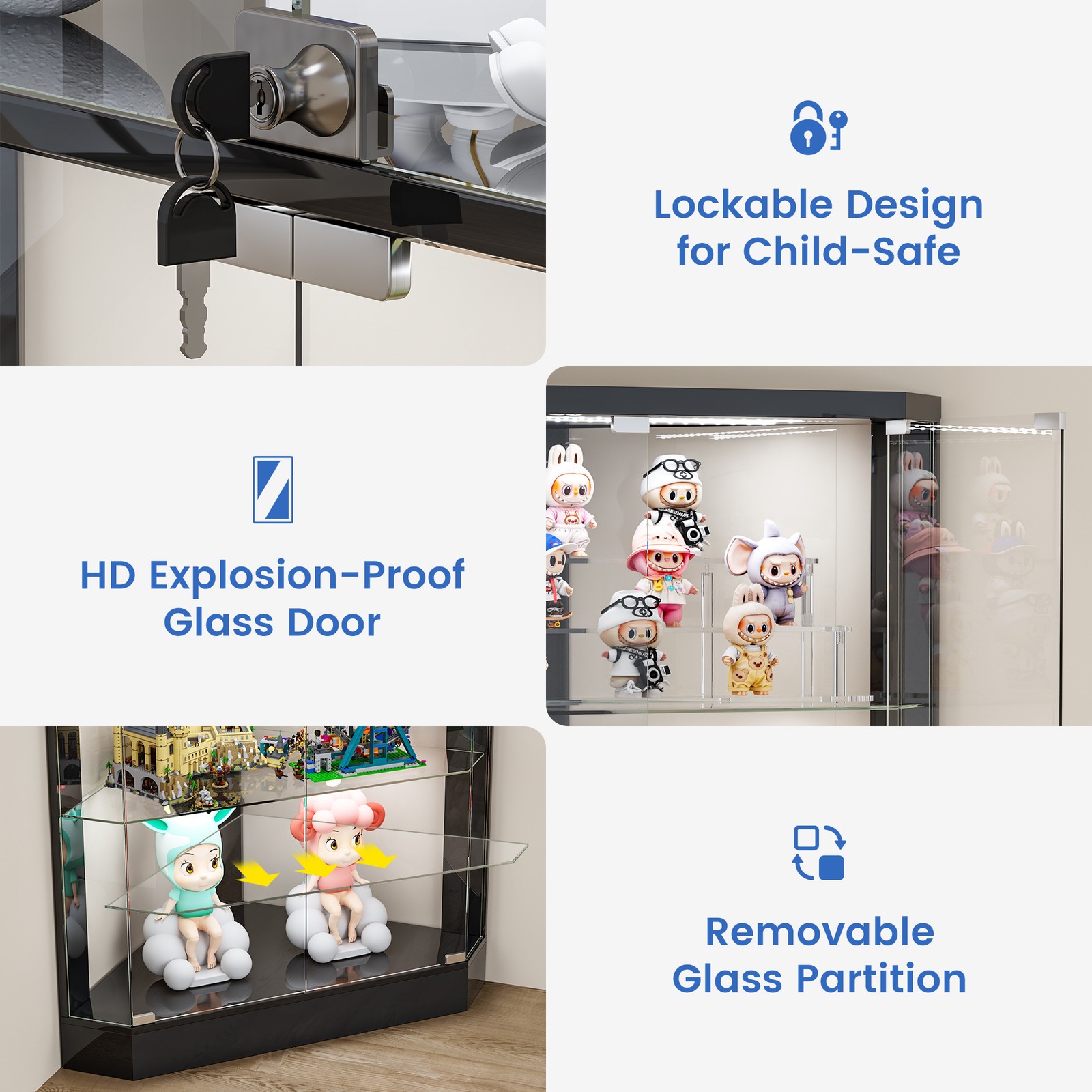 Black Curio Cabinets with RGB Lights, 69" Tall Display Cases for Collectibles