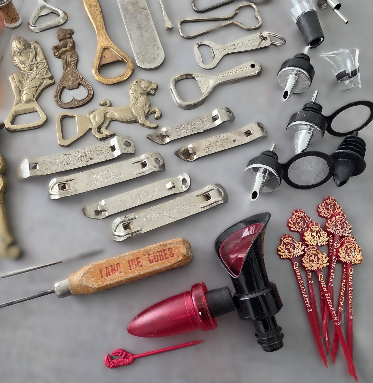 58 pc Lot of Vintage Bottle Openers, Picks, Barware, Bronze, Brass, Chrome, etc.