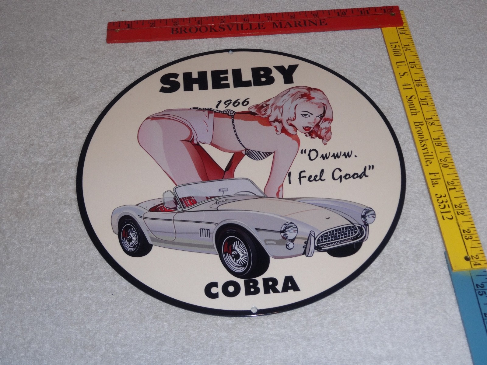 VINTAGE 1966 FORD SHELBY COBRA SPORTS CAR & WOMAN 12" METAL GASOLINE & OIL SIGN!