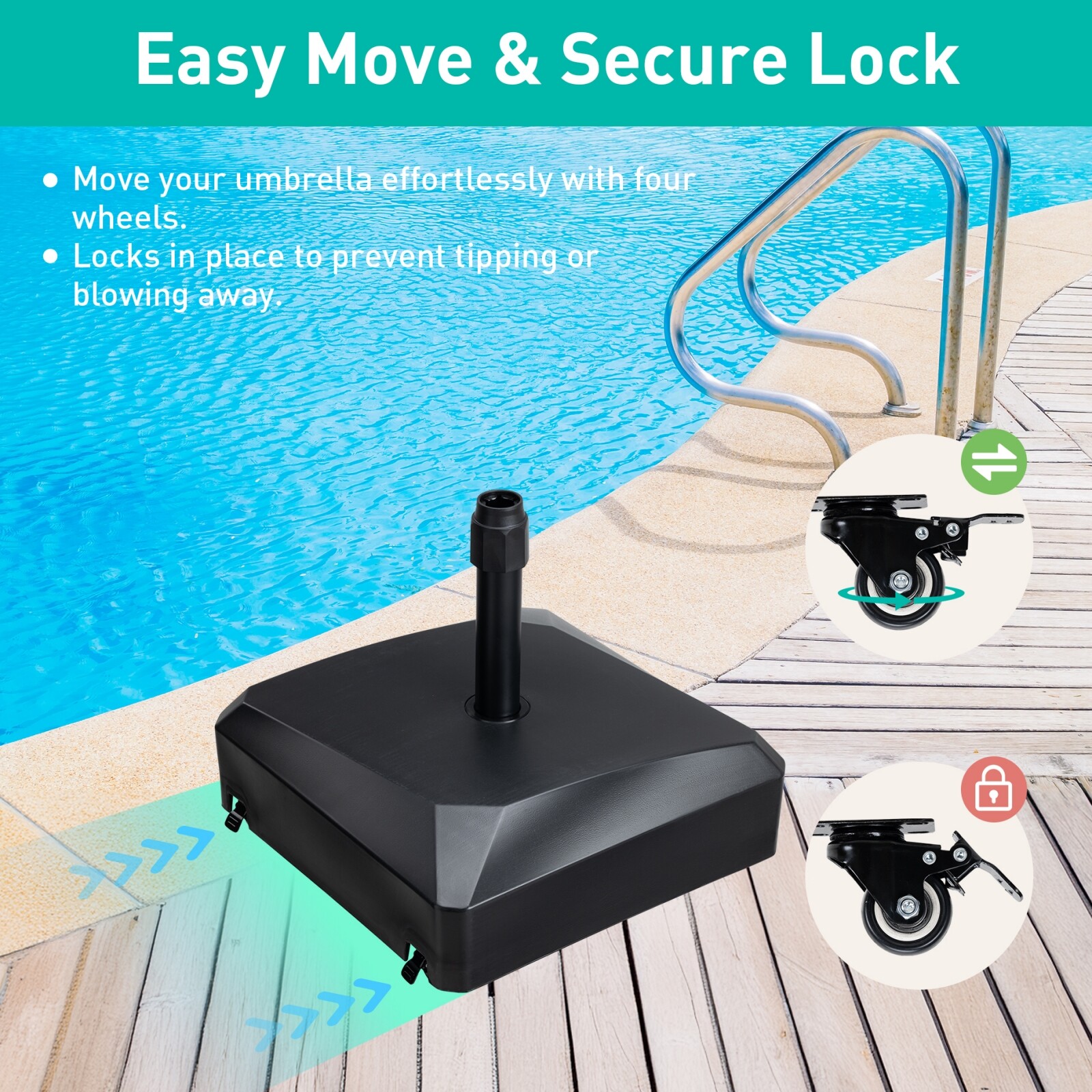 Aoodor Patio Umbrella Base With Wheels,Heavy Duty Fillable Market Umbrella Stand