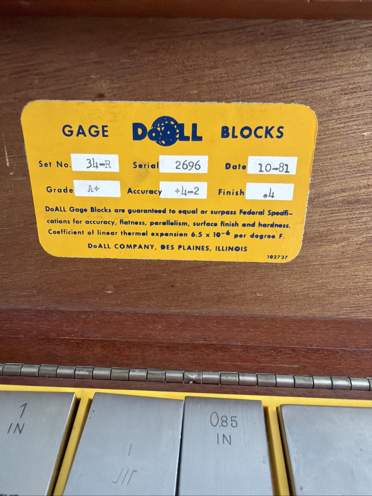 DoAll Gage Block Set 34R, A+ Gauge Block Set In Case, Incomplete