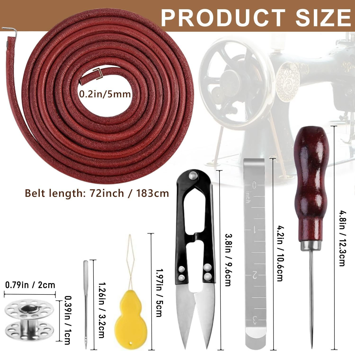 2 PCS Treadle Sewing Machine Belt, 72 Inch 3/16" Replacement Leather Belt with H