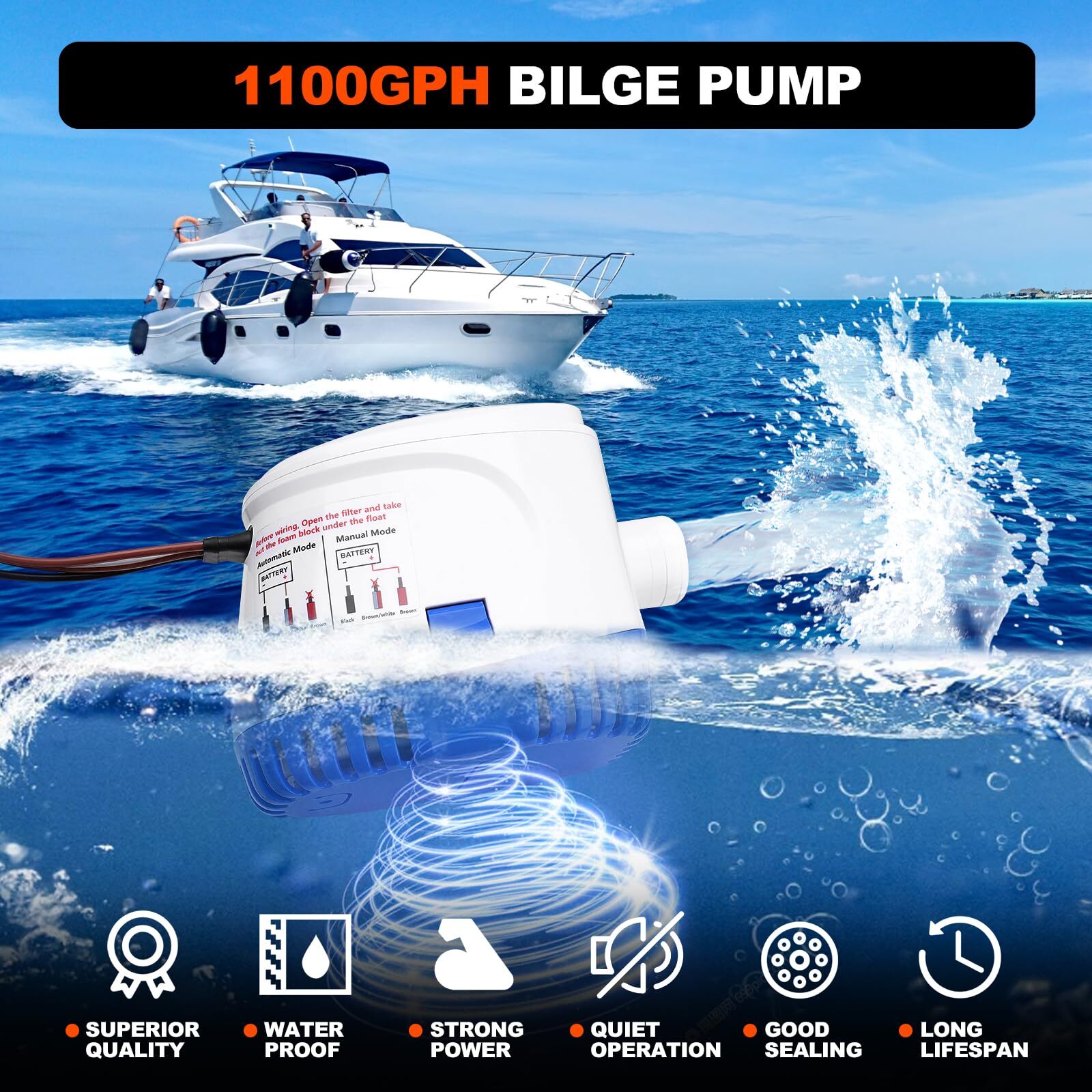 1100GPH 12V Automatic Submersible Boat Bilge Water Pump With Auto Float Switch