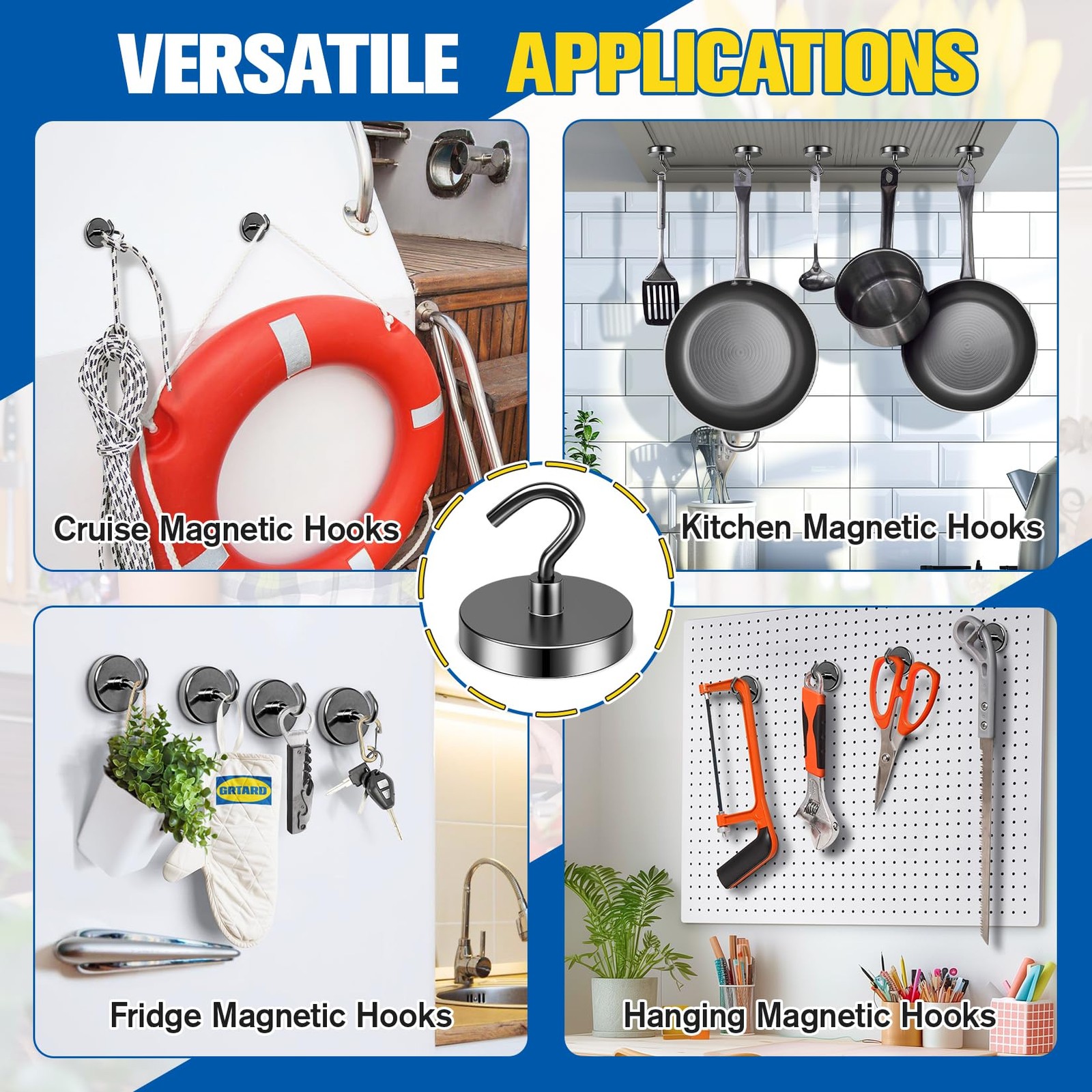 4 Pack 110 Lbs Magnetic Hooks Heavy Duty Neodymium Magnet Hook, Strong Magnetic