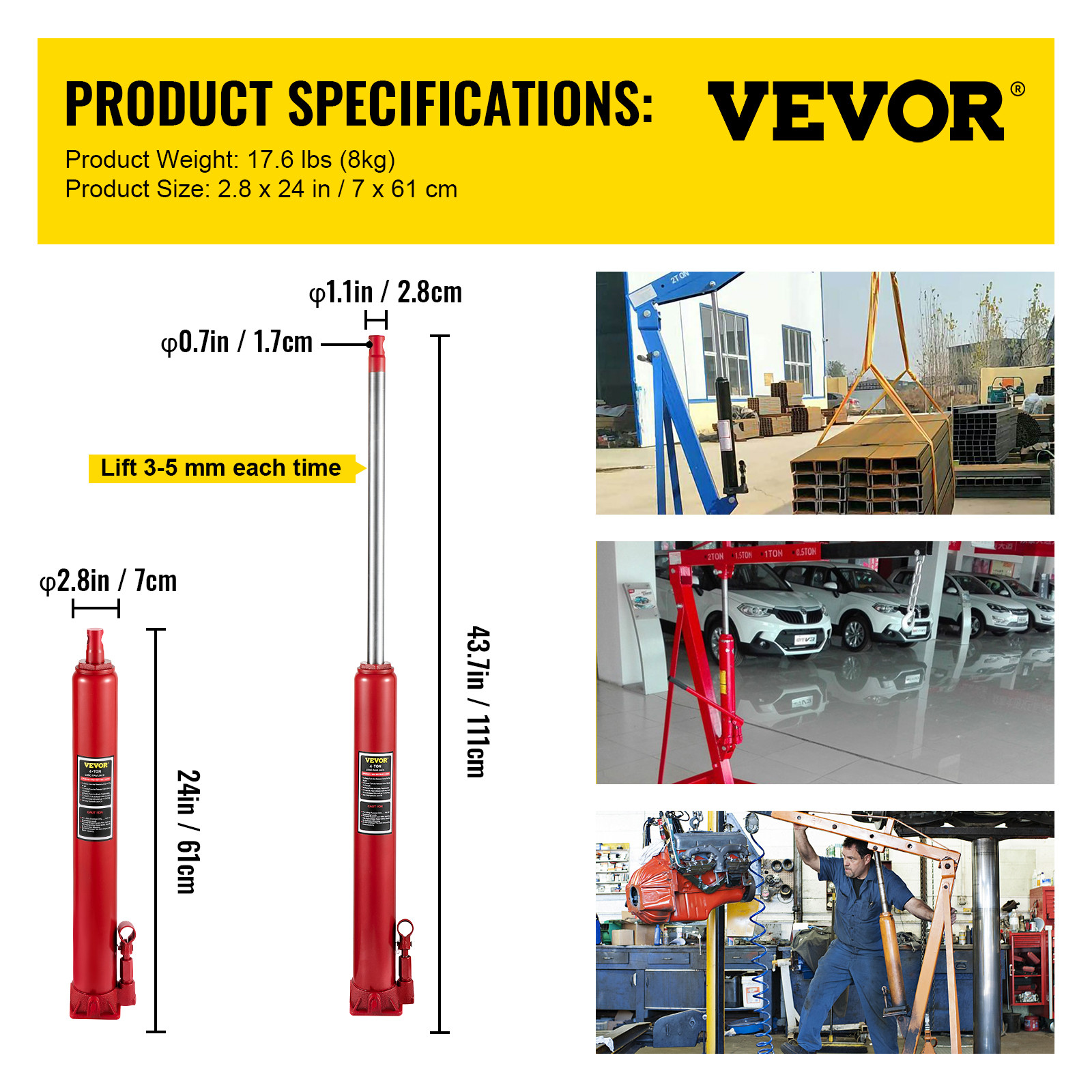 Red 4 Ton Hydraulic Long Ram Jack Flat Base Manual Engine Hoist Cherry Picker
