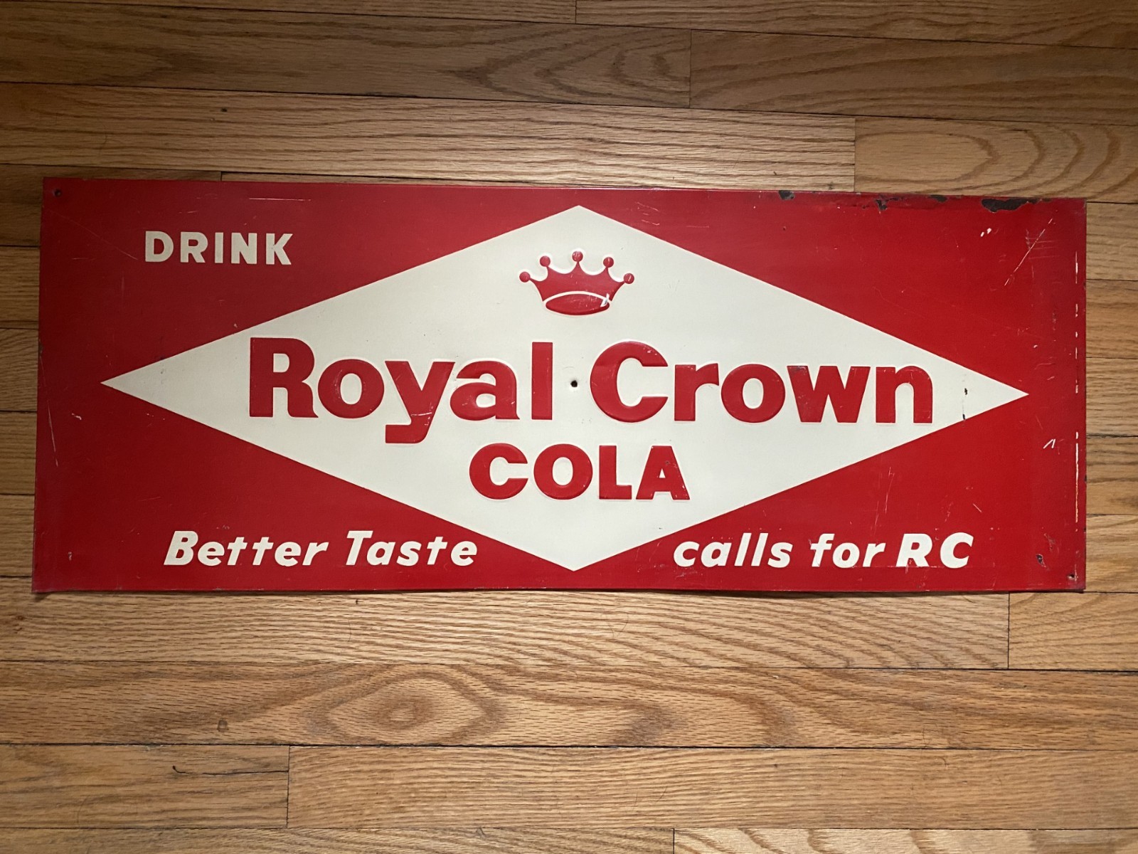 ROYAL CROWN RC EMBOSSED TIN SODA SIGN - MEASURES 29" X 11"