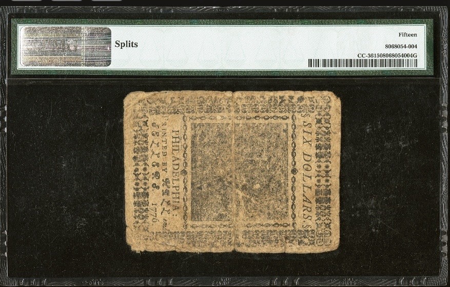 1776 American Revolution $6 Continental Currency, Colonial Bank Note CC-36 PMG