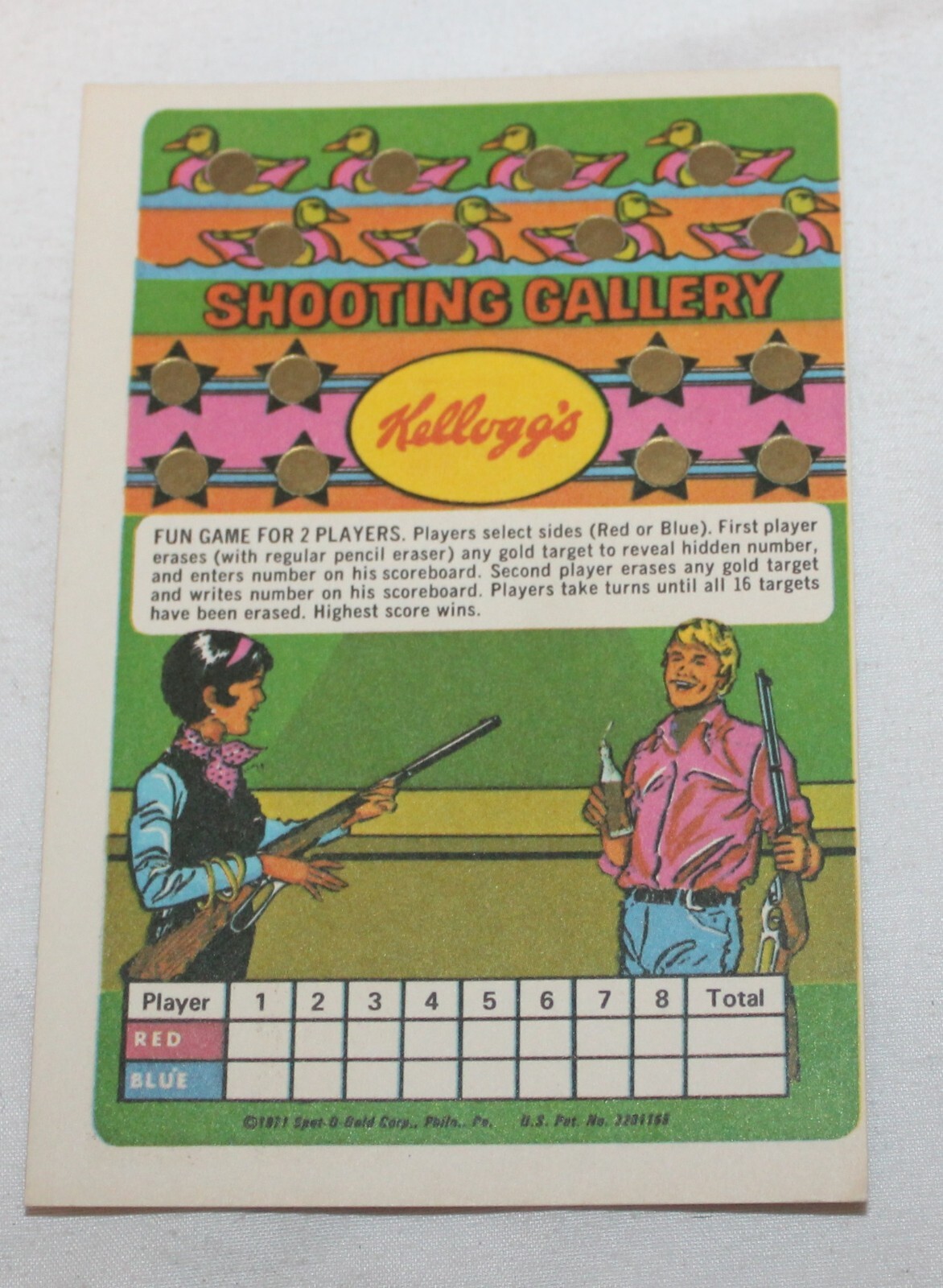 VTG Kellogg's Cereal Premium 1971 Shooting Gallery Game Spot o Gold Card