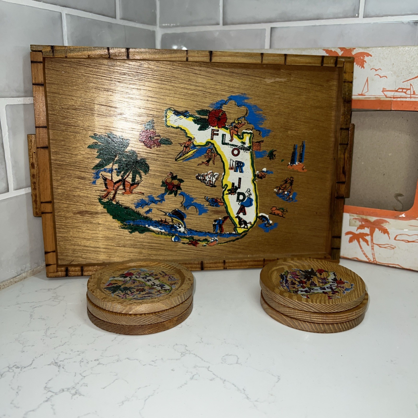 Vtg 6 Wooden Coaster & Serving Tray Set Souvenir Florida Painted Wood In Boz