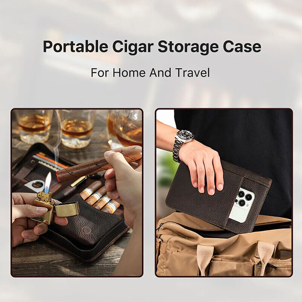 Genuine Leather Cigar Case Passport Travel Humidor set Lighter cutter Pocket Box