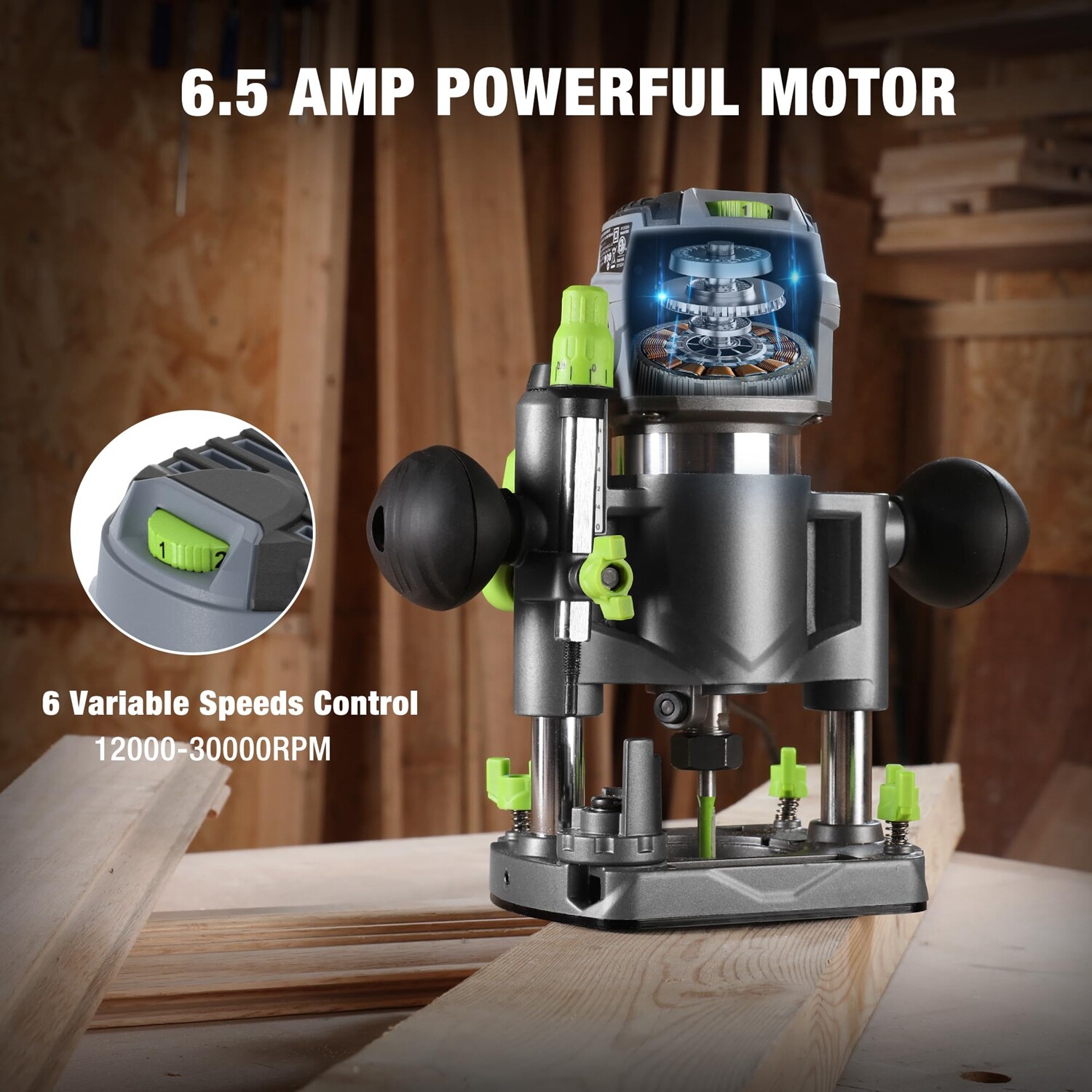 WORKPRO 32000 RPM 6.5 Amp Compact Router Combo Fixed Plunge Base Router 6 Speeds