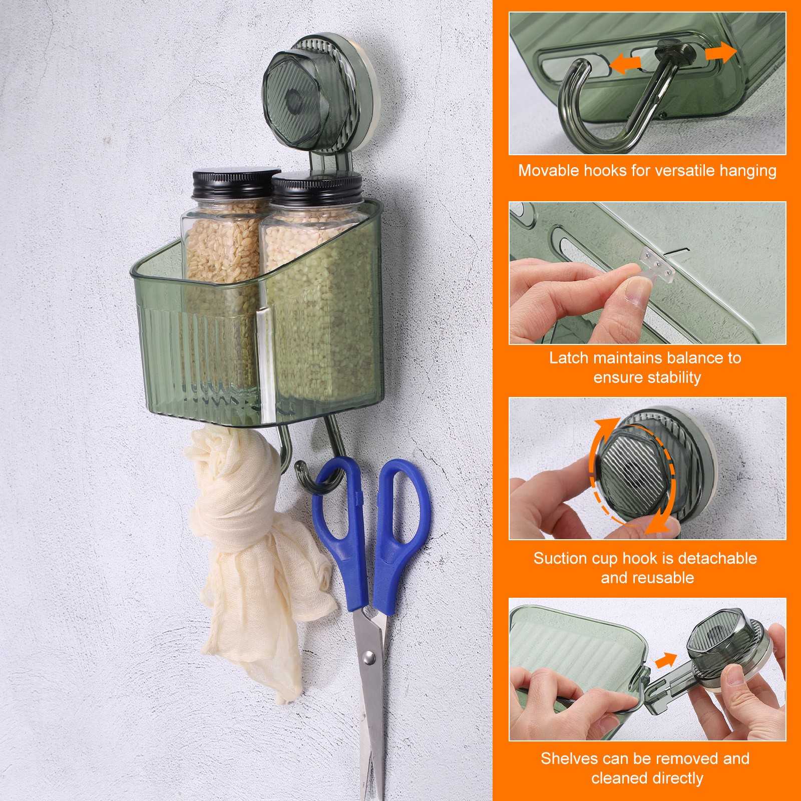 3.7" Suction Cup Shower Caddy Storage Organizer Shelf with Hooks Clear