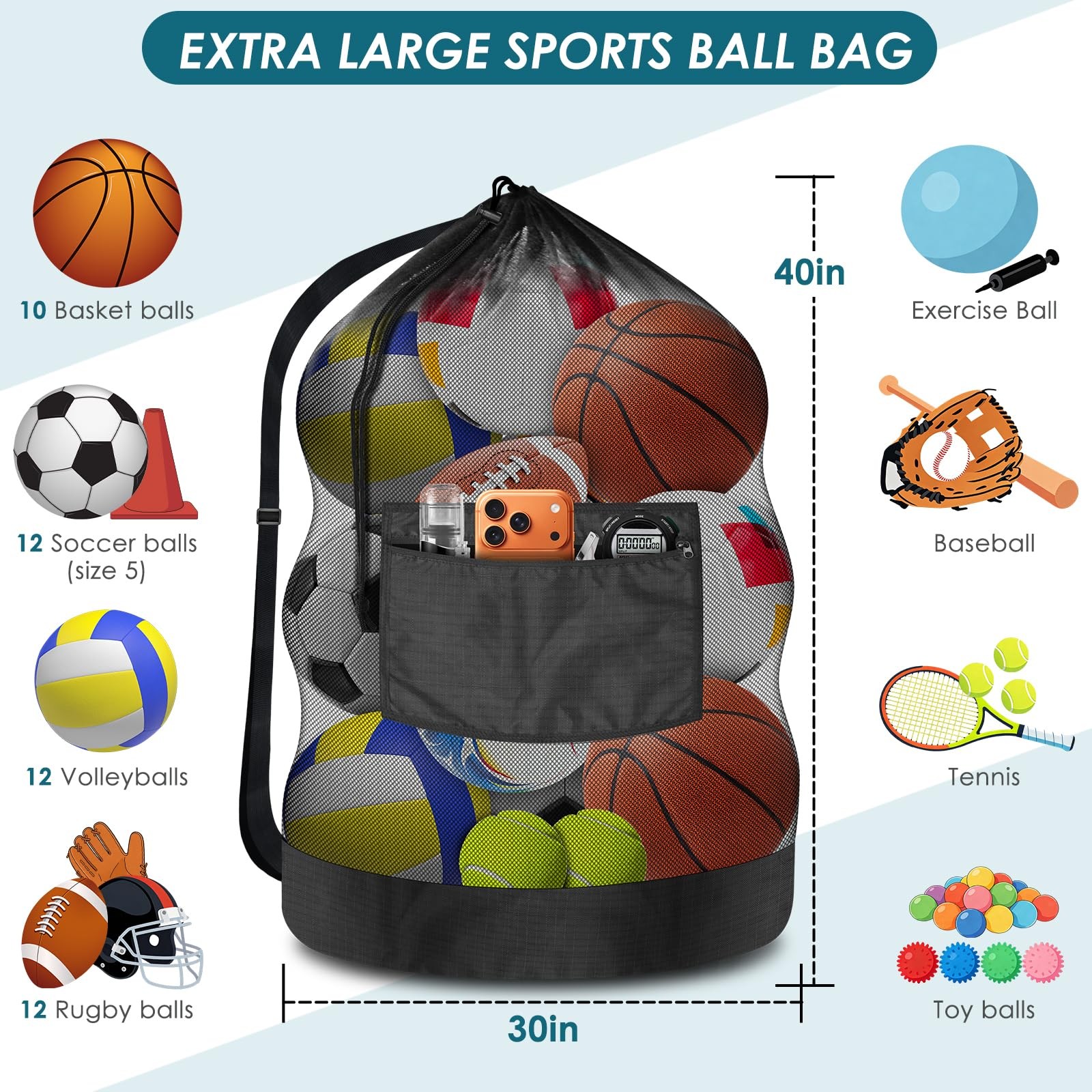 Heavy Duty Soccer Ball Net Bag Drawstring Mesh Ball Bag with Zipper Pocket, S...