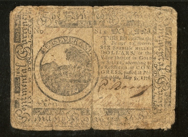 1776 American Revolution $6 Continental Currency, Colonial Bank Note CC-36 PMG