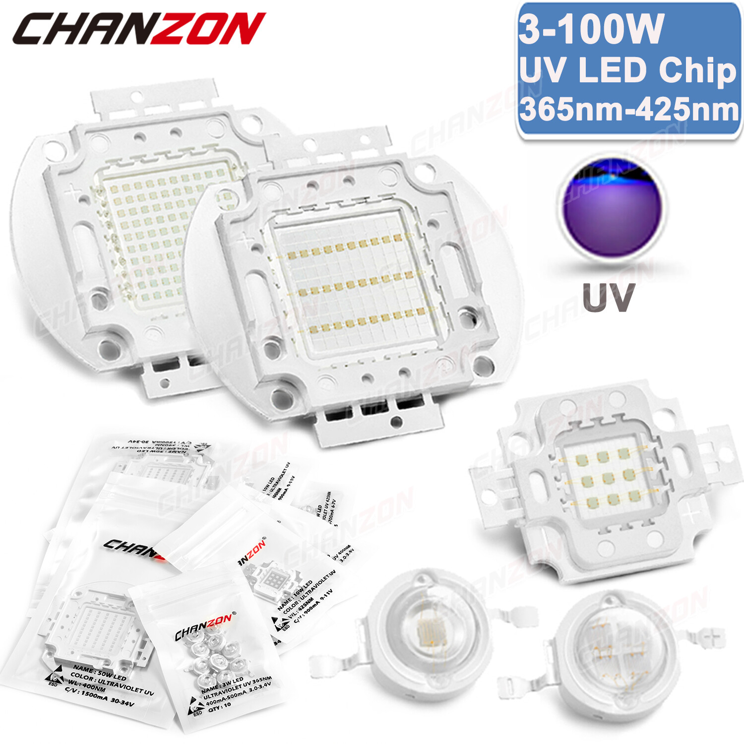 High Power Uv Light Beads Led Chip 3W 5W 10W 20W 30W 50W 100W Ultraviolet Diodes