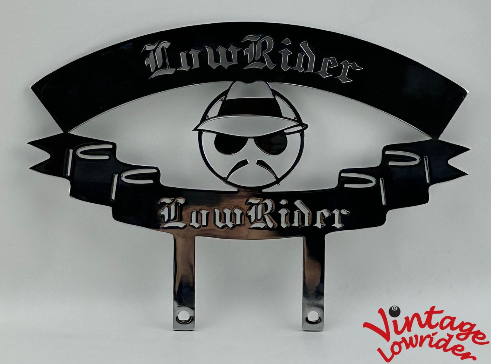 VINTAGE LOWIDER CUSTOM STEEL PLAQUE W/ LOWRIDER LETTER AND HEAD, SHOW PARTS.